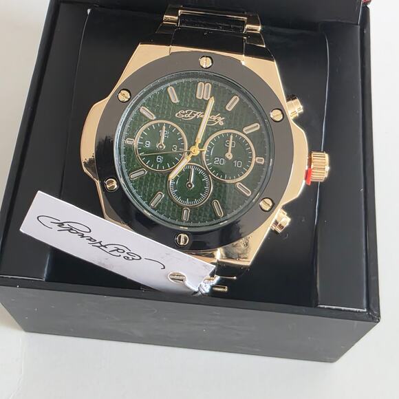 Ed Hardy Men’s Gold Tone Watch Green Dial Chronograph Style New With Box main image 8